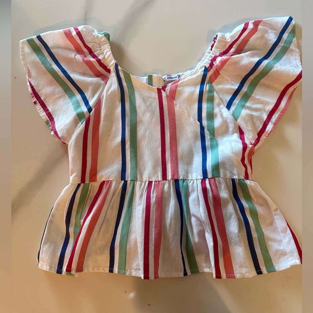 Mayoral Girls Size 10 Striped Peplum Blouse Cotton Modal Flutter Sleeve